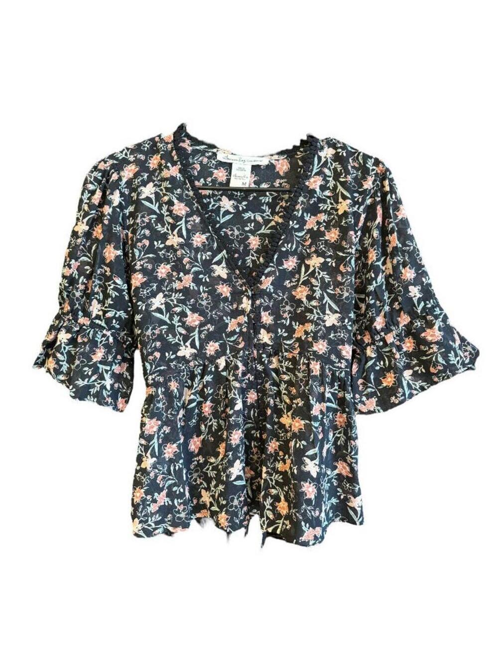 American Rag | Black Floral Blouse | Size Medium | NWOT 0851
